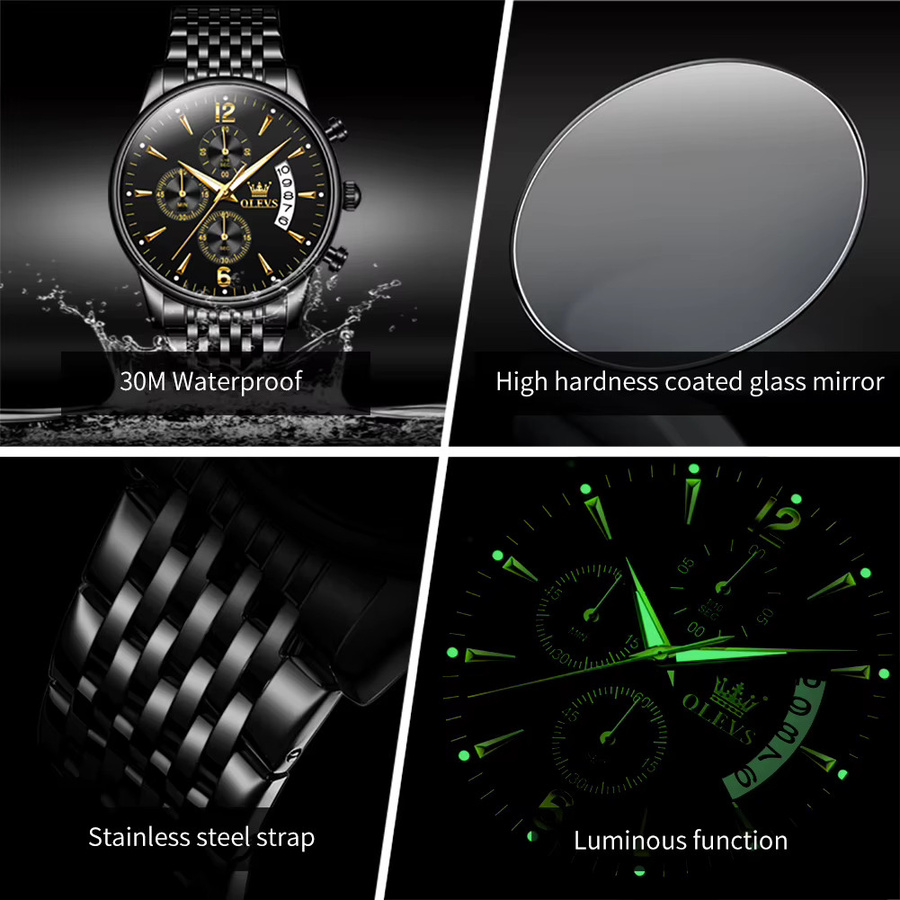 OLEVS Chronograph, Edelstahl, Quarz, Schwarz, Herren - Bild 2
