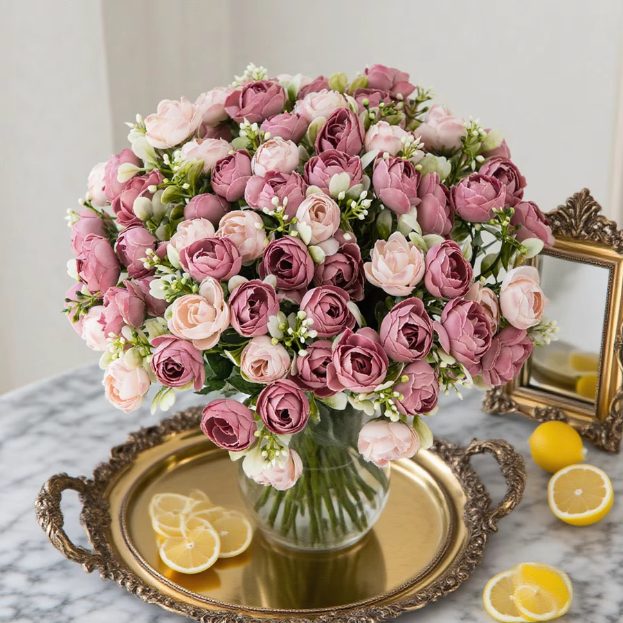 XIAOYINMO Kunstblumen Seidenrosen mit Teeknospen in Rot und Pink zur Dekoration - Bild 1
