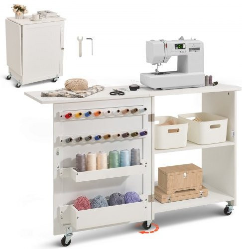VEVOR klappbarer Nähtisch in Weiß mit Rollen, Regalen und magnetischen Türen, B/T/H: 117,0 x 40,0 x 77,8 cm - Bild 1