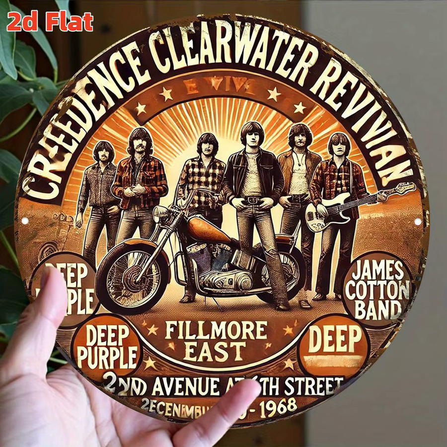 Vintage Creedence Clearwater Revival Band Metallwandkunst Potdemiel – Rundes Aluminiumschild Deep Purple und Fillmore East in Multicolour, Durchmesser: 20 cm - Bild 3