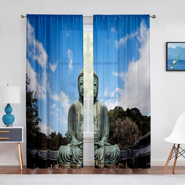 Yiran Furniture Transparenter Tüll-Voile-Vorhang mit Buddha-Motiv in Multicolour, 2er-Set mit Ösen, Breite: 65 cm, Höhe: 60 cm - Bild 1