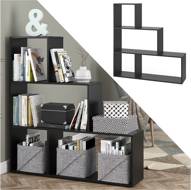 VICCO Treppenregal ASYM Raumteiler in Schwarz mit 4 Fächern als freistehendes Bücherregal und Standregal - Bild 1