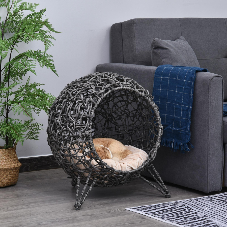 Aosom PawHut Katzenhaus aus Rattan mit Kissen und erhöhten Füßen, Silbergrau, Durchmesser: 52 cm, Höhe: 58 cm - Bild 2