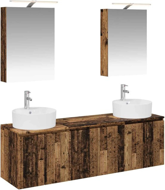 vidaXL Badezimmerschrank-Set 5-teilig in Altholz-Optik Braun mit LED-Spiegelschrank und Waschtischunterschrank aus Holzwerkstoff - Bild 1
