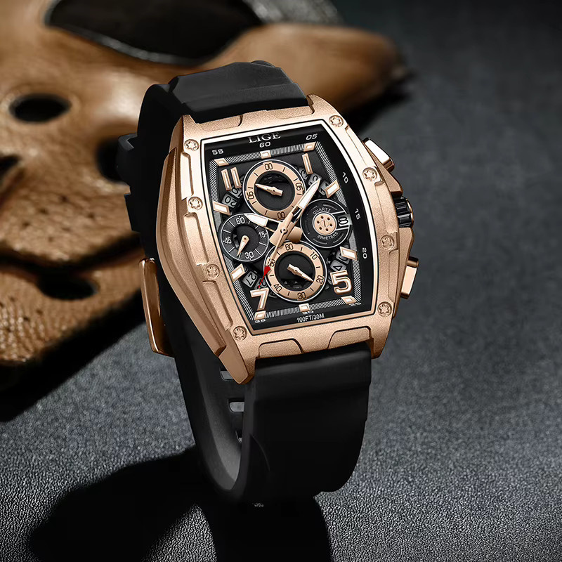 LIGE Armbanduhr Chronograph, Quarz, Edelstahl, Schwarz, Herren, eckig - Bild 4