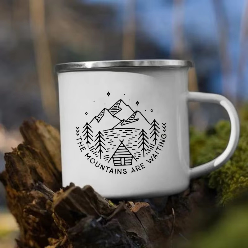 Kreative Emaille Tasse mit Bergmotiv in Weiß für Camping, Wandern und Urlaub - Bild 2