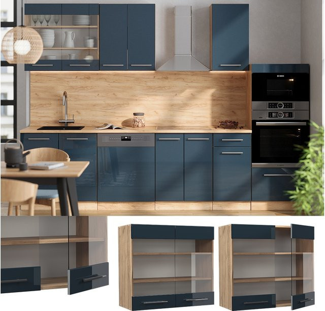 Vicco Glashängeschrank Fame-Line Küchenschrank in Dunkelblau Hochglanz und Eiche mit Glastüren und Soft-Close-Scharnieren B: 80 cm, H: 72 cm, T: 34,1 cm - Bild 1