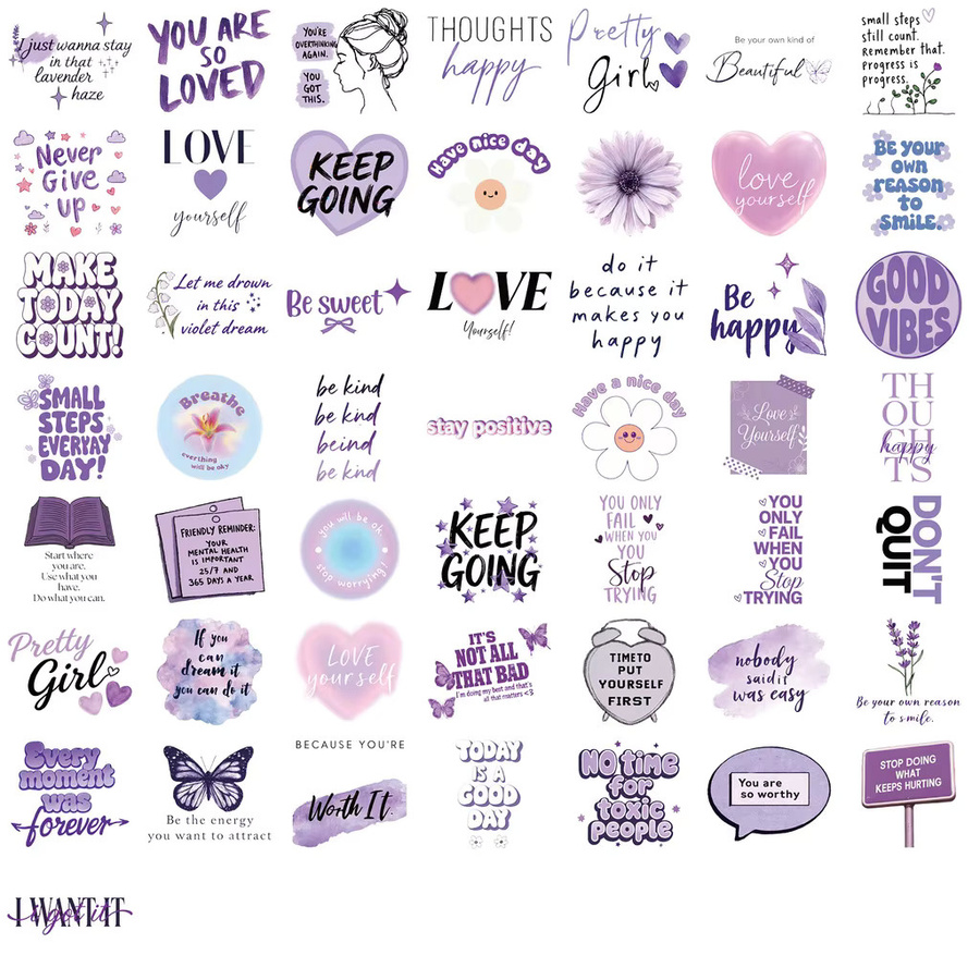50 wasserfeste PET-Sticker mit lila Blumenmuster für DIY-Projekte von RecordingYourLife Store - Bild 2