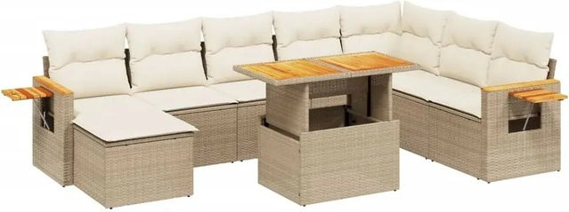 vidaXL 9-tlg Garten-Sofagarnitur in L-Form aus Poly-Rattan und Akazienholz mit Kissen in Beige-Creme - Bild 1