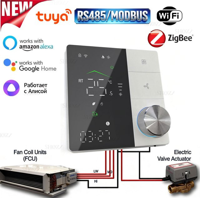 SHOJZJ Smart Klimatthermostat für Fan Coil Units mit Zigbee, Wifi oder RS485, 2/4-Rohr Heizung und Kühlung, kompatibel mit Tuya Smart Life, Alexa und Google Home Assistant, Weiß - Bild 1
