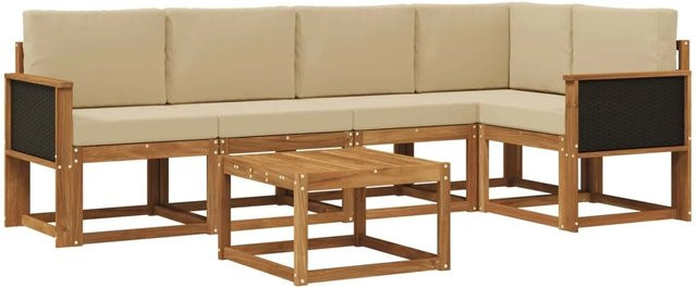 vidaXL Outdoor-Sofagarnitur aus Akazien-Massivholz in L-Form mit Couchtisch und Polstern, 6-teiliges Gartenmöbel-Set in Natur und Beige - Bild 1