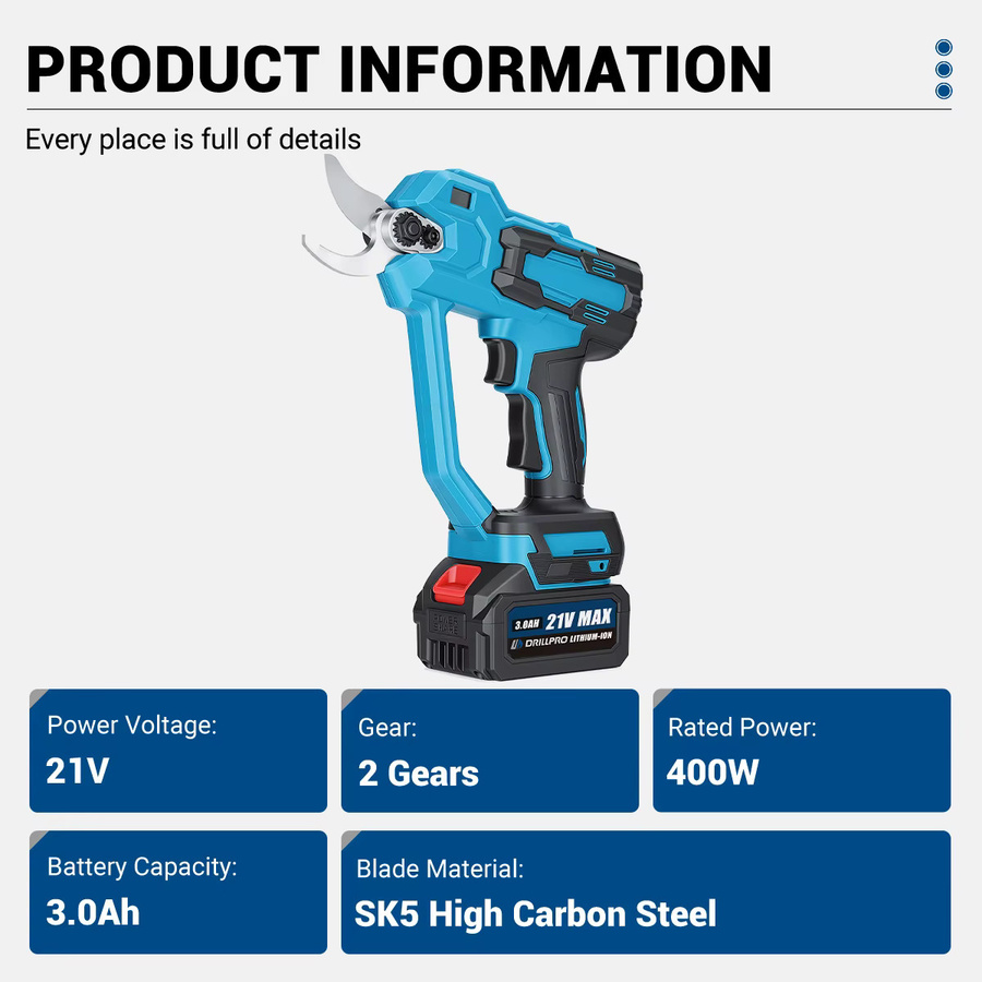Drillpro Elektrische Gartenschere mit 30mm Schneidwerkzeug, Bürstenloser Motor, Digitalanzeige und automatischer Geschwindigkeitsregelung, Blau - Bild 4