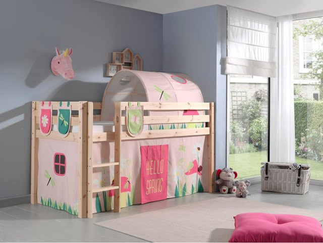Vipack Spielbett Pino Hochbett aus massiver Kiefer in Natur mit Vorhang, Tunnel und 3 Taschen, Dessin Spring, Mehrfarbig - Bild 1