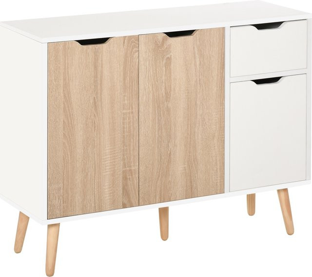 HOMCOM Sideboard im skandinavischen Design mit Schrank und Schubladen aus MDF, Eiche/Weiß, B/T/H: 90 x 30 x 7 cm - Bild 1
