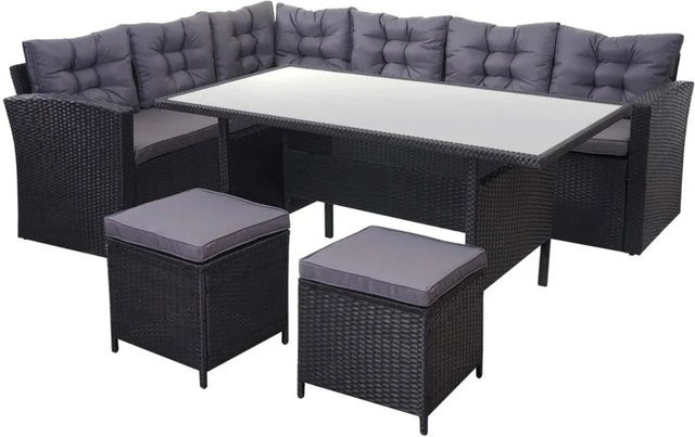 MCW Poly-Rattan-Gartengarnitur A29 in Schwarz mit dunkelgrauen Kissen und 2 Hockern - Bild 2