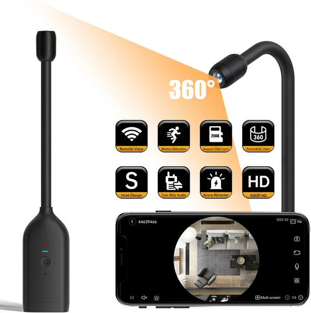 POVCAN QJ700 Mini-WLAN-Kamera in Schwarz mit HD 1080P, flexiblem Objektivkabel, Bewegungserkennung und 2-Wege-Gespräch sowie USB-C-Ladefunktion - Bild 1