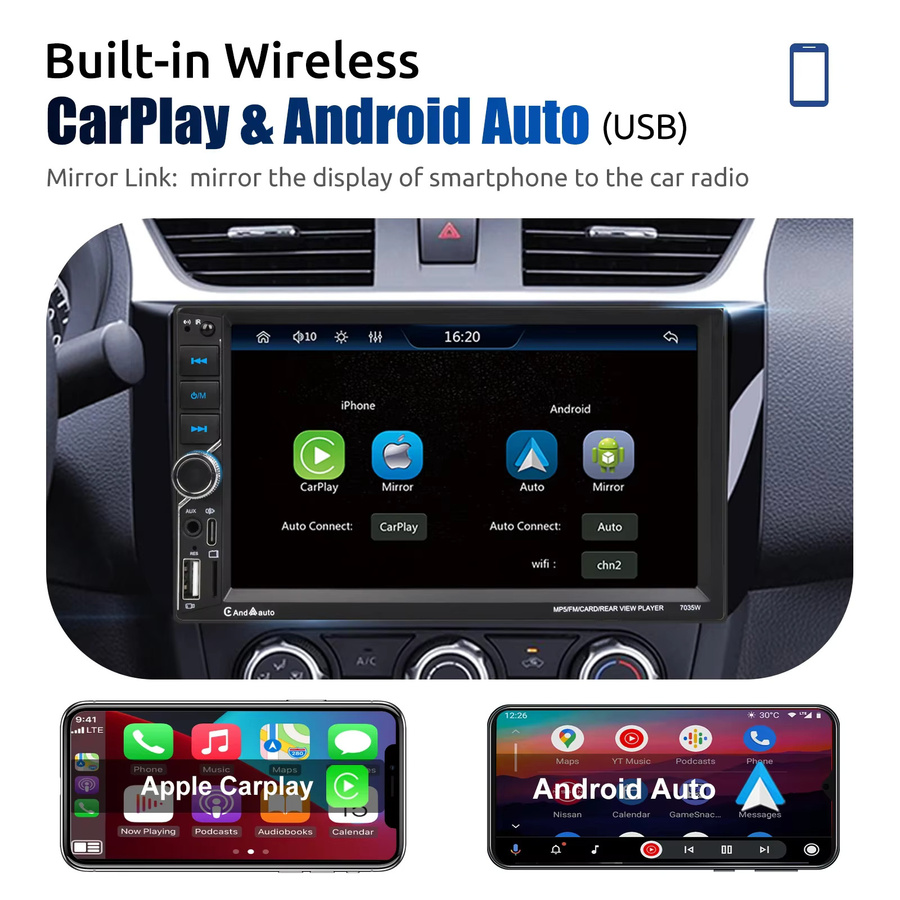 ESSGOO Universal Autoradio mit 7 Zoll IPS-Touchscreen, Wireless CarPlay, Android Auto, Bluetooth, USB-C und Lenkradsteuerung in Schwarz - Bild 2