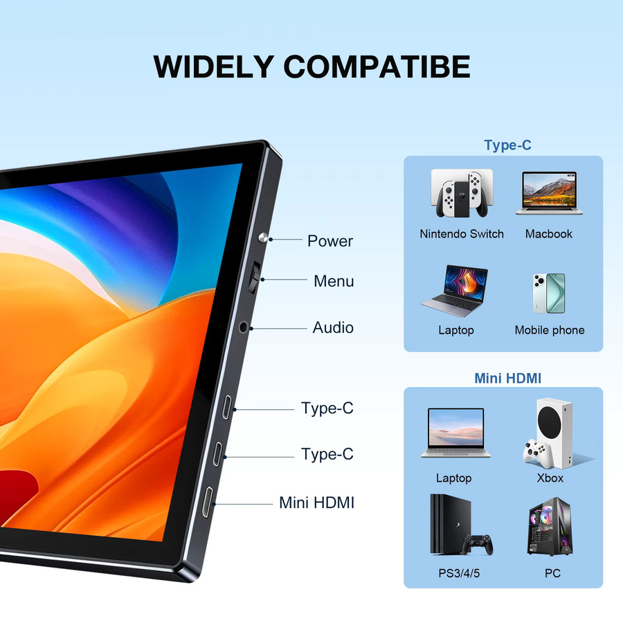 UNEW Tragbarer 10,1 Zoll Monitor mit Touchscreen, IPS Display, 1920x1200 Auflösung, Type-C und HDMI, Schwarz inklusive Lederhülle und VESA 75x75mm Halterung - Bild 3