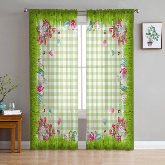 A Family Of Home Textiles Voile Tüll Vorhang mit Ostern Frühling Kaninchen Motiv für Wohnzimmer und Schlafzimmer B: 135 cm, H: 114 cm - Bild 1