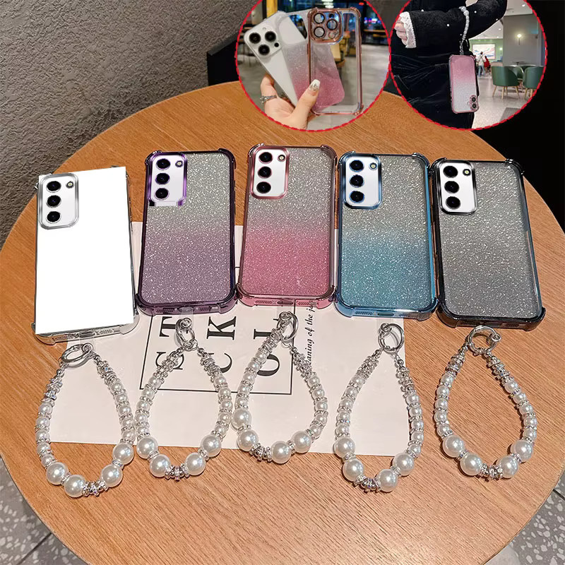Stoßfeste TPU-Handyhülle mit Gradient Glitter und luxuriösem Perlenketten-Handschlaufenband für Samsung Galaxy S23 Plus FE Ultra in Pink - Bild 1