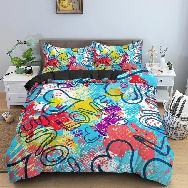 Binchi Outdoor Product 3D-Cartoon-Graffiti-Bettwäsche-Set aus Mikrofaser in Multicolour, bestehend aus Bettbezug und Kissenbezug, Breite: 140 cm, Höhe: 210 cm - Bild 1