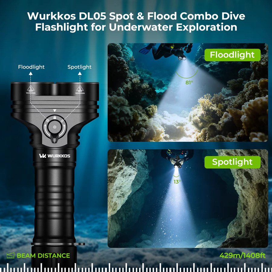 Wurkkos DL05 Professionelle Tauchlampe in Schwarz mit 6000 Lumen und wiederaufladbarem Akku - Bild 2