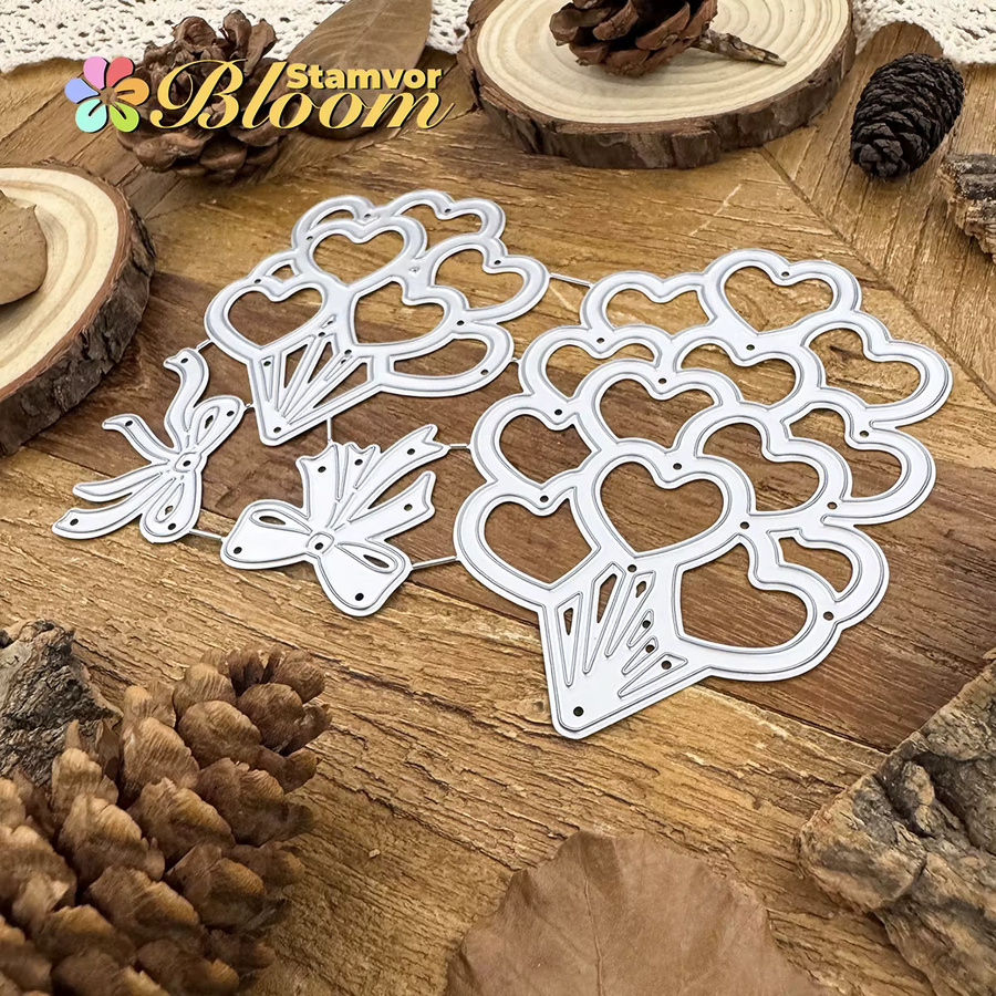Metall Stanzformen für Scrapbooking mit Valentinstag-Motiven, Luftballons und Schleifen in Silber - Bild 3