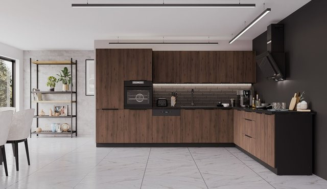 Winkelküche MONZA Eckküche in Okapi Nussbaum und Schwarz Matt, B/T/H: 350 x 290 cm - Bild 1