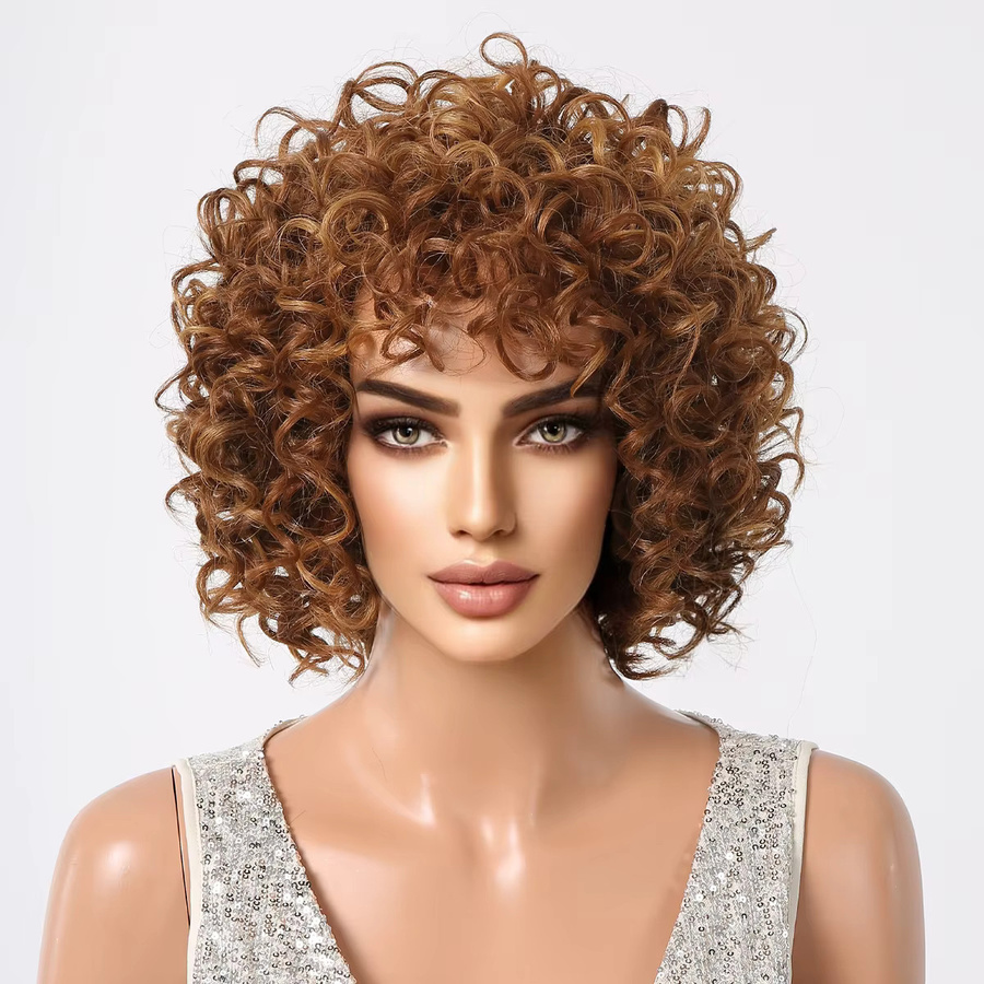 Kinky Curly Bomb Synthetische Perücke, Bob, Goldbraun, mit Pony - Bild 3