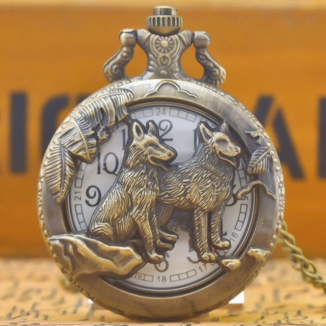 wecin Taschenuhr Halskette, Wolf, Quarz, Bronze, Messing, Unisex - Bild 1
