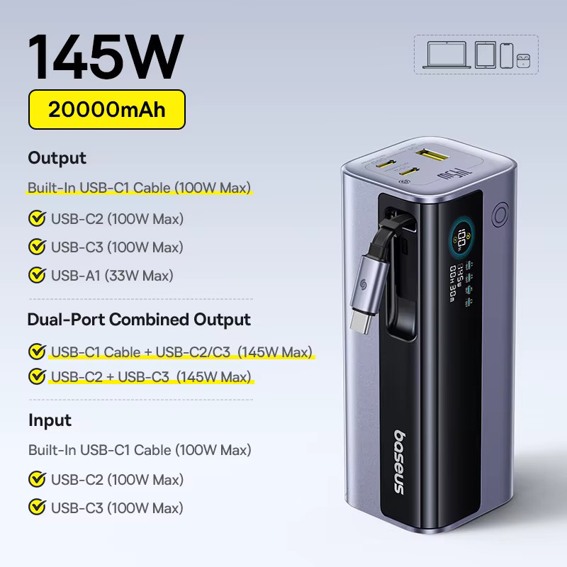 Baseus Powerbank 145W mit 20800mAh Kapazität, Dual USB-A und USB-C PD 100W Schnellladung, Digitalanzeige, Grau - Bild 6
