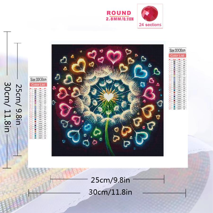 Momoart Diamant-Gemälde mit Blumen- und Löwenzahn-Motiv in Herzform, Multicolour, B/B/H: 20 x 20 x 20 cm - Bild 2