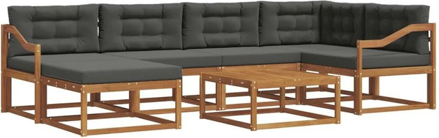 vidaXL 7-teilige Outdoor-Sofagarnitur in L-Form aus Akazienholz mit Kissen in Anthrazit und Braun - Bild 1