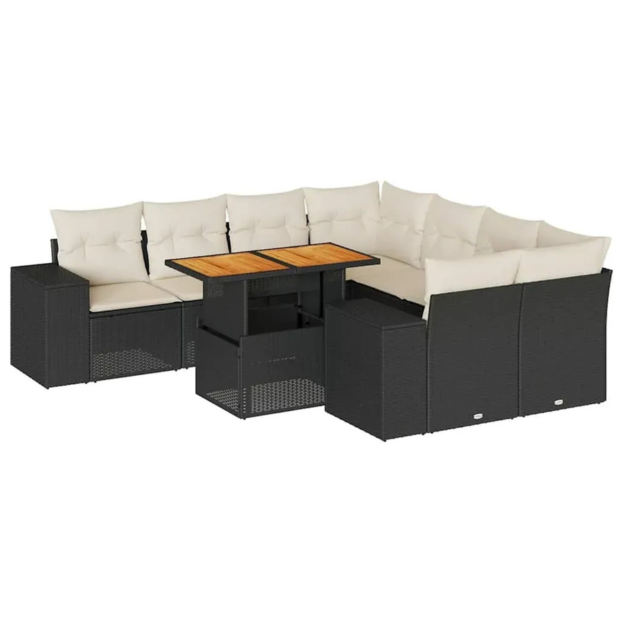 vidaXL 9-tlg. Garten-Sofagarnitur in L-Form aus Poly-Rattan und Akazienholz mit Kissen in Schwarz-Creme - Bild 2