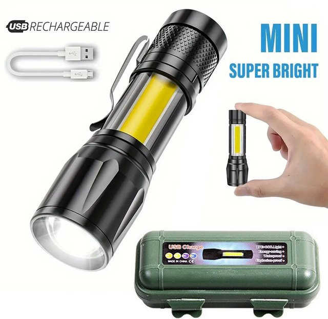 Mini LED Taschenlampe mit COB und XPE, tragbare taktische Taschenlampe mit Zoom und Stift-Clip, Schwarz - Bild 1