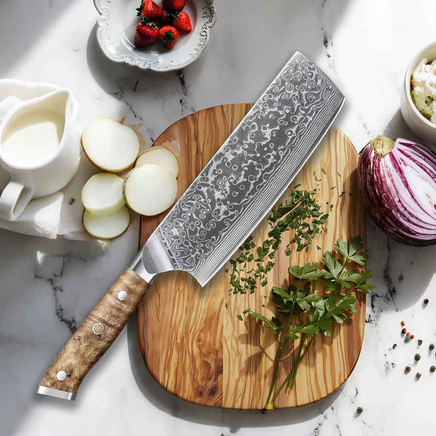 Baovim Nakiri-Küchenmesser aus Damaststahl mit 67 Lagen und Naturholzgriff, 7 Zoll - Bild 2