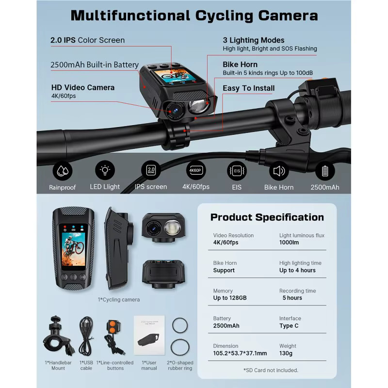 Luxuglow Action Kamera in Schwarz mit 2 Zoll Bildschirm, 4K 60fps und 20MP für Fahrrad, Motorrad und Helm - Bild 3