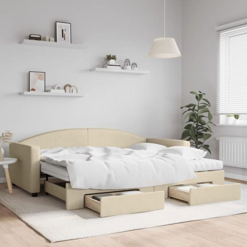 Ausziehbares Funktionsbett vidaxl mit Schubladen in Beige aus Stoff und Metall B/L: 90 x 200 cm - Bild 1