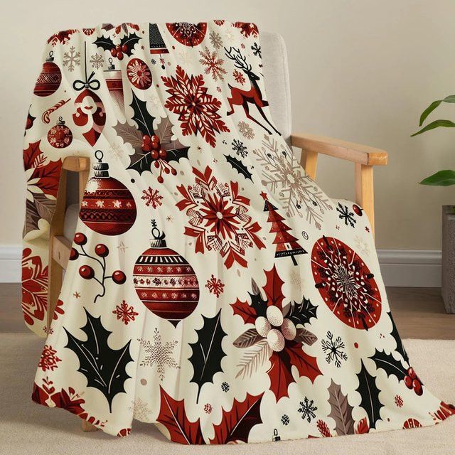 JIT Weihnachts-Flanell-Decke mit Schneeflocken und Stechpalmenmuster in Rot und Multicolor - Bild 1