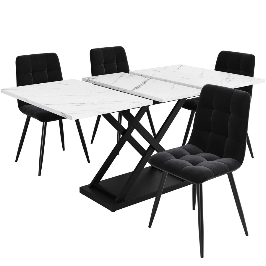 Merax Essgruppe 5-teilig in Weiß Marmor und Schwarz mit Samtstühlen, B/T/H: 160 x 80 x 75 cm - Bild 2