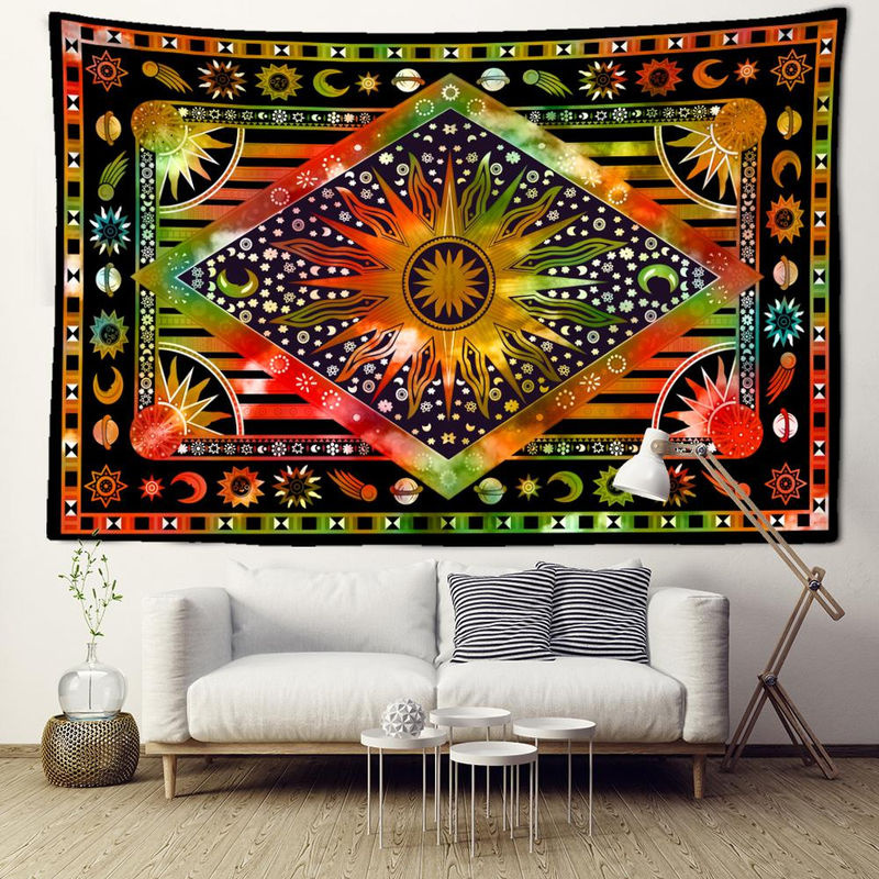 Wandbehang Binchi Outdoor Equipment Tarot Sonne im Bohemian Stil, abstraktes Design in Grün und Orange, Textil-Wanddekoration, B: 95 cm, H: 70 cm - Bild 3