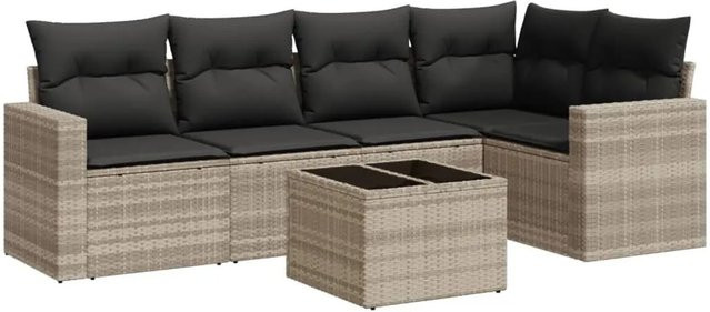 vidaXL 6-teilige Garten-Sofagarnitur in L-Form mit Kissen und Couchtisch, Hellgrau, Poly-Rattan und Metallrahmen - Bild 1