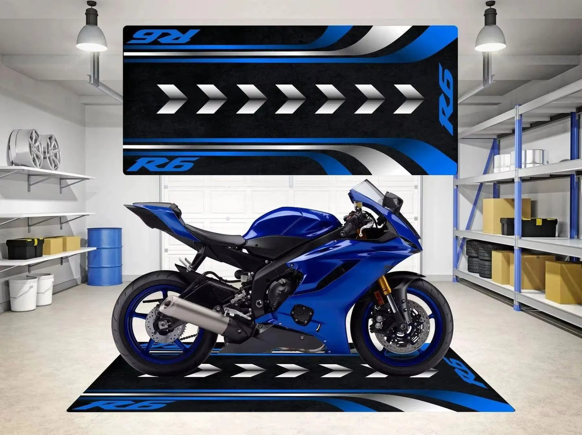 VIKAMA Kristallvelours Motorradmatte für Yamaha R9 R6 MT-01 MT-03, rutschfeste und ölabsorbierende Garagenbodenmatte in Blau - Bild 1