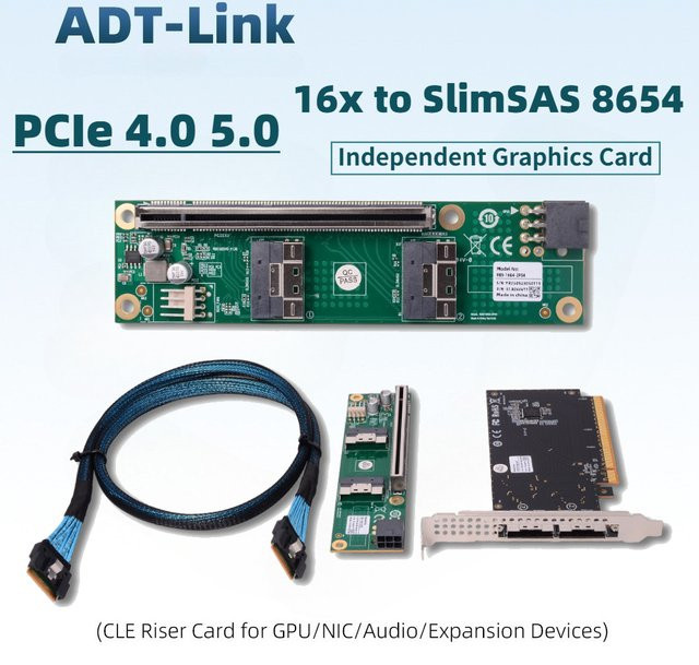 ADT-Link PCIe 4.0 5.0 16x zu MCIO Split-Riser-Karte SlimSAS SFF8654 Adapter für externe Erweiterung in Grün - Bild 1
