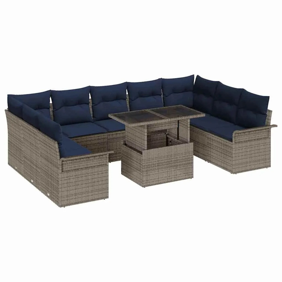 vidaXL Gartensofa-Set aus Poly Rattan und Stahl in Grau-Blau mit 10 Kissen und Tisch - Bild 2