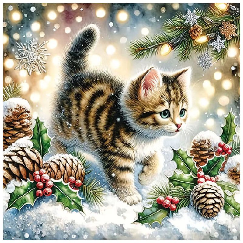 HUACAN 5D Diamantmalerei Katze Weihnachten Rundes Diamant Mosaik Set zur Wanddekoration - Bild 3