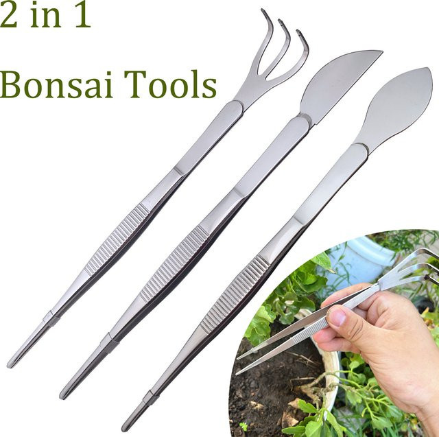 TOTNEND 2-in-1 Wurzelrechen aus Edelstahl 304 mit Bonsai-Pinzette und ergonomischem Griff in Silber - Bild 1