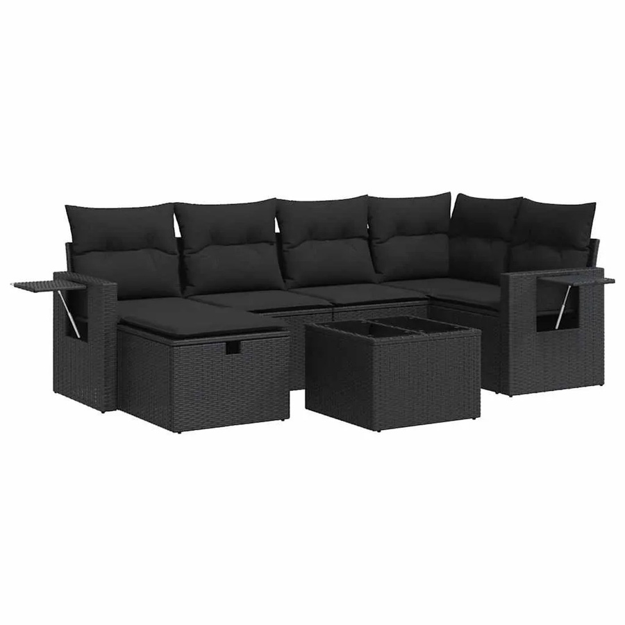 vidaXL 7-tlg. Garten-Sitzgruppe aus Polyrattan in Schwarz mit Kissen und L-Form - Bild 2