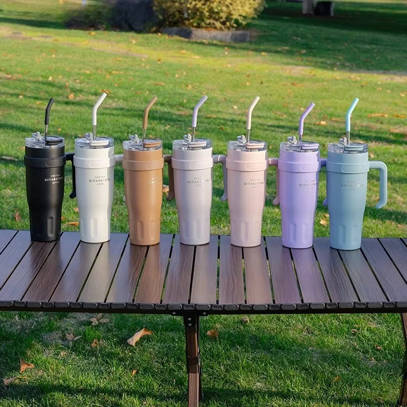 JUSTINLAU Edelstahl-Eisbecher mit Griff und Strohhalm, isolierter Thermobecher für Outdoor und Reisen, 1,1 l, Silber/Schwarz - Bild 5