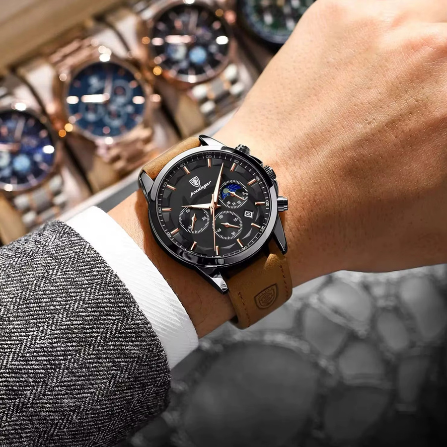 POEDAGAR Armbanduhr Chronograph, Quarz, Leder, Herren, Schwarz - Bild 5